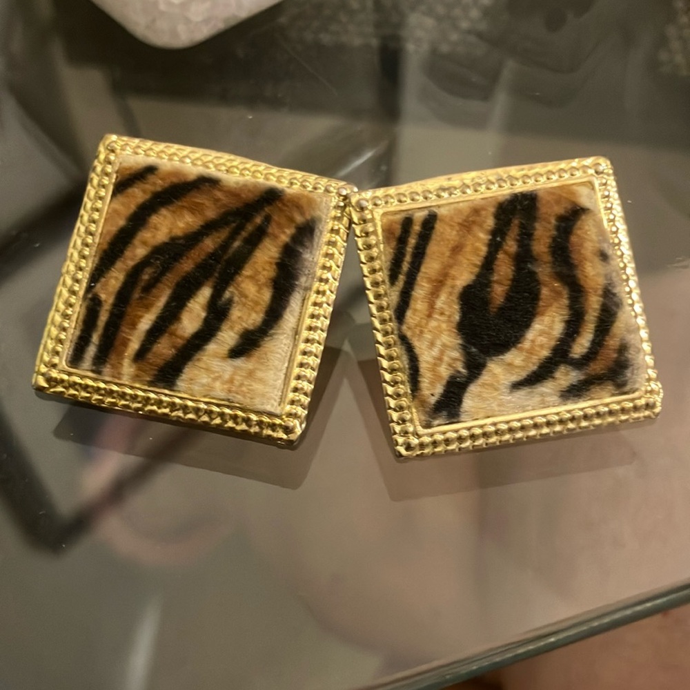 Vintage Tiger Faux Fur Earrings Backed By Gold Tone